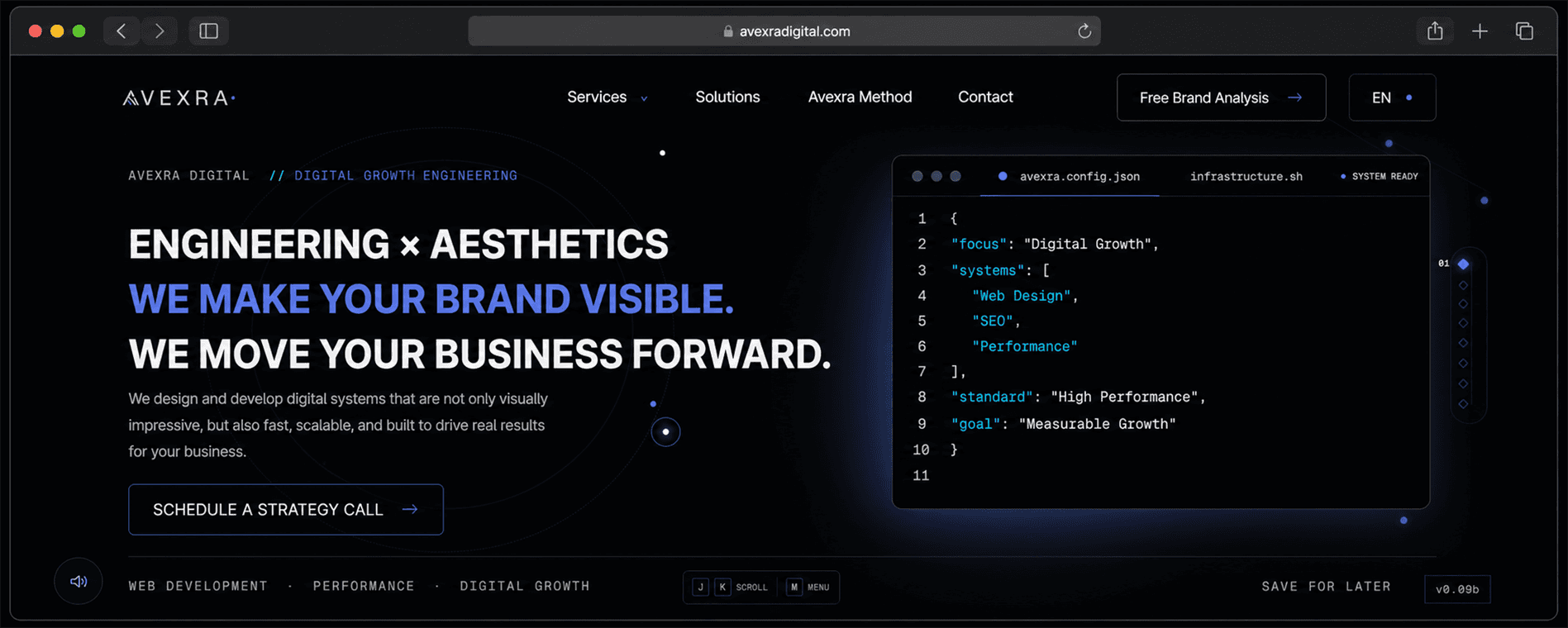 English Avexra website interface presenting its digital growth engineering system
