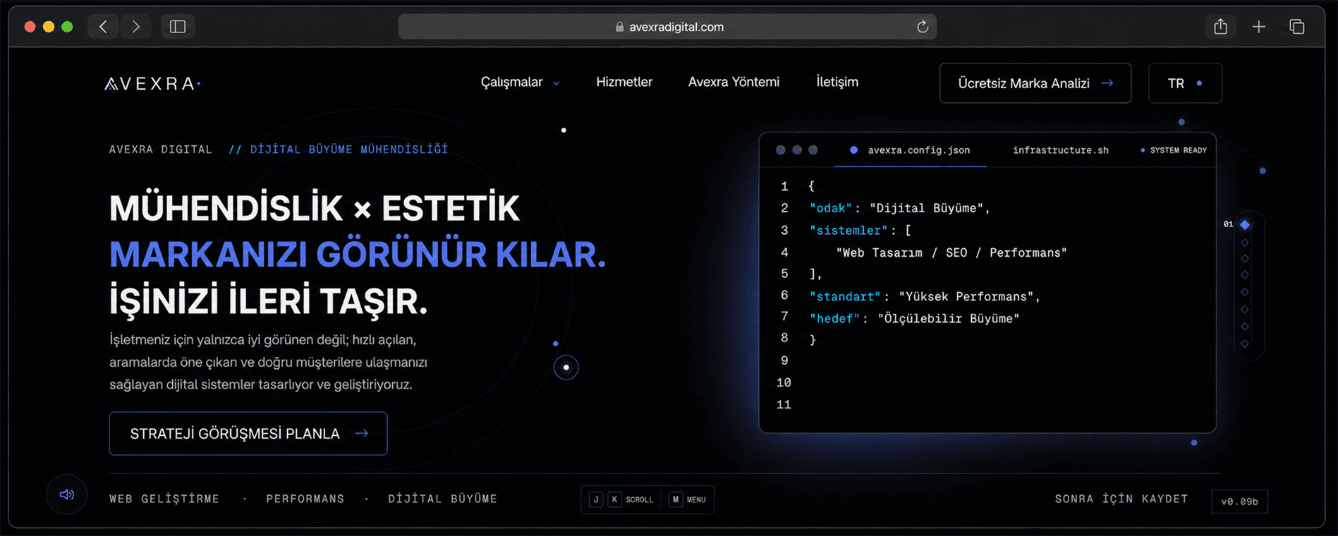 Avexra dijital büyüme mühendisliği web sitesi arayüzü